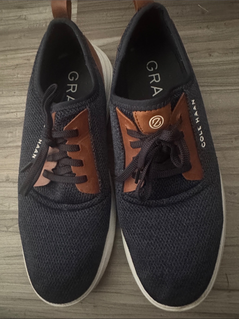 Cole Haan Grandsport Navy Knit Sneakers with Brown Leather Accents